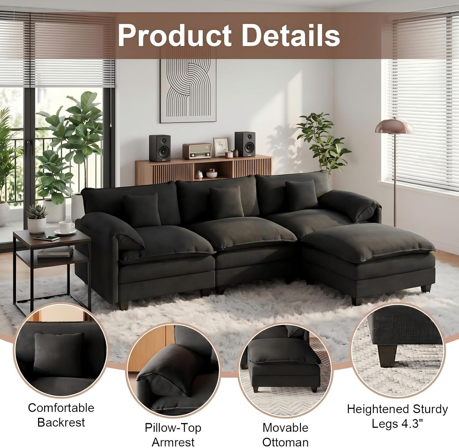 KCGKCG Modular Sectional Sofa, 108' Comfy Cloud Couch with Movable Ottoman | Charging Station | Side Pocket | Throw Pillow, Modern L-Shaped Couches for Living Room, Chenille, Classic Black
