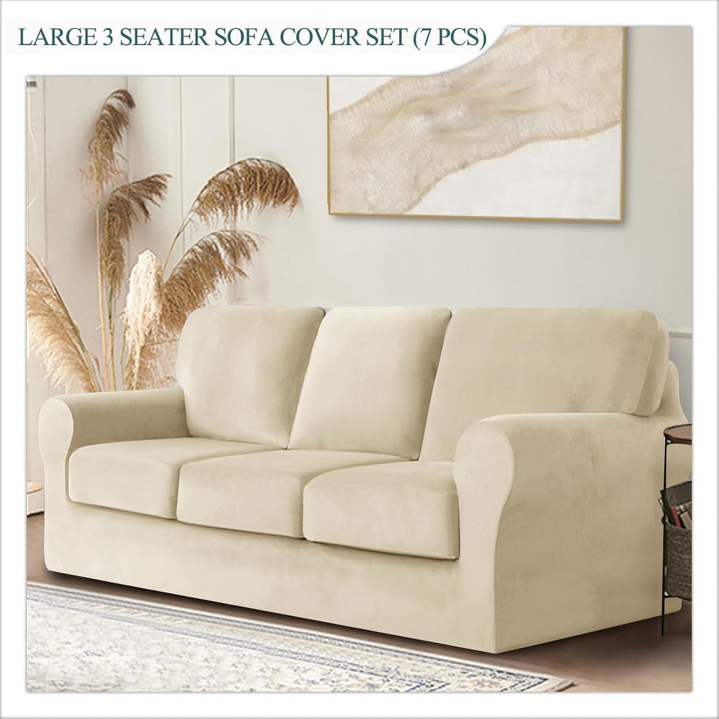 7 Piece Stretch Velvet Ektorp Sofa Covers, for 1 Base Cover, 3 Cushion Couch Cover and 3 Backrest Cover, for Living Room Furniture (Beige,Large 3 Seat 7 PCS)