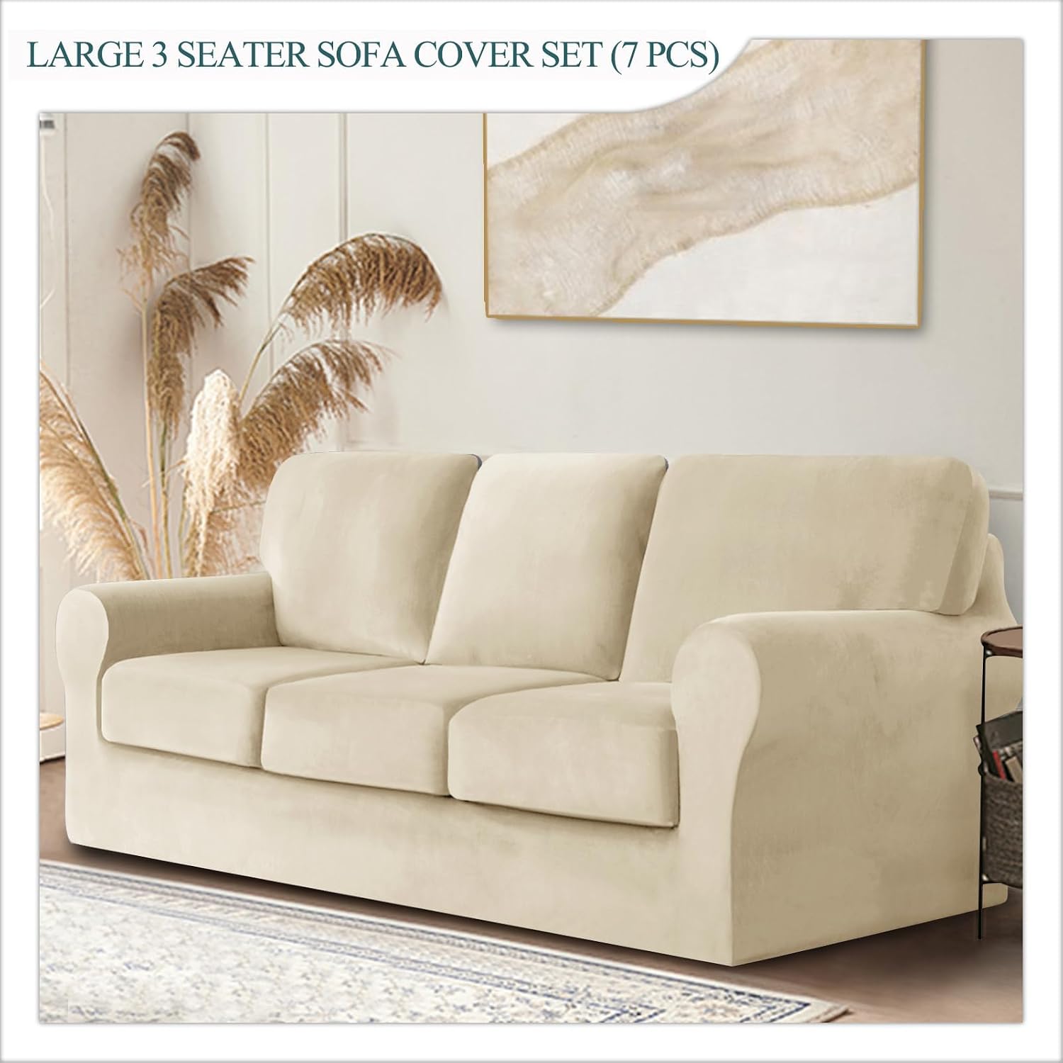 7 Piece Stretch Velvet Ektorp Sofa Covers, for 1 Base Cover, 3 Cushion Couch Cover and 3 Backrest Cover, for Living Room Furniture (Beige,Large 3 Seat 7 PCS)
