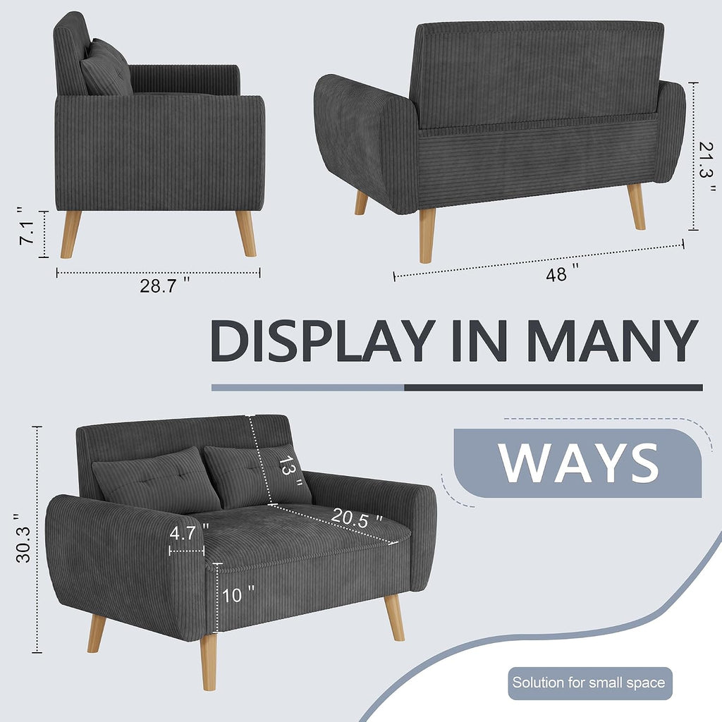 Shintenchi 48'' Loveseat Sofa, Mid-Century Modern Upholstered Couch Deep Seat with 2 Pillows, 10' Thick Cushion with Spring, Solid Wood Frame Small Couch for Living Room, Dorms & Office, Dark Grey