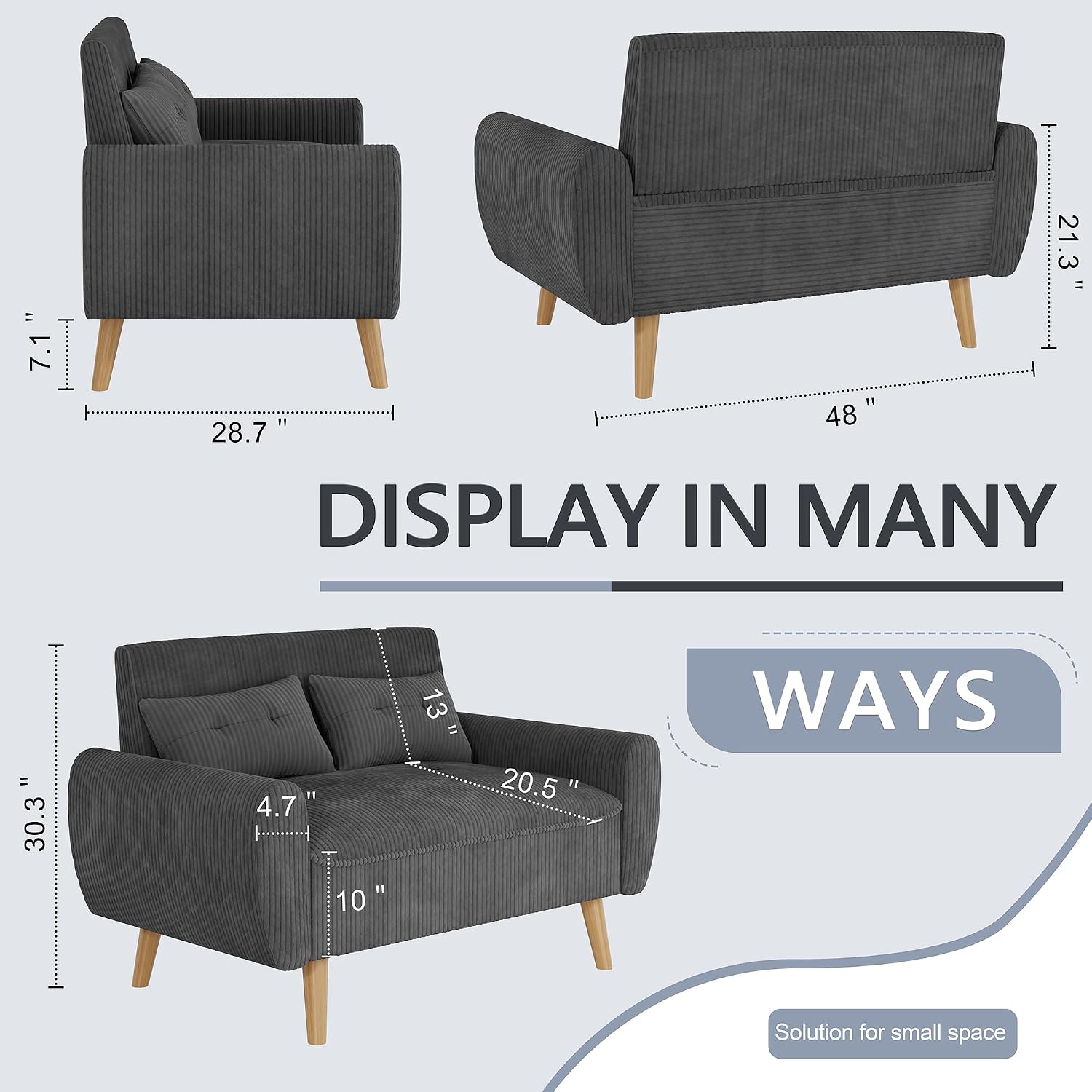 Shintenchi 48'' Loveseat Sofa, Mid-Century Modern Upholstered Couch Deep Seat with 2 Pillows, 10' Thick Cushion with Spring, Solid Wood Frame Small Couch for Living Room, Dorms & Office, Dark Grey