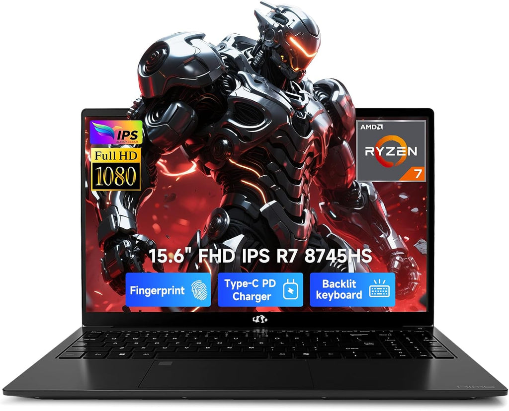 NIMO 15.6' IPS FHD-Gaming-Laptop, AMD Ryzen 7 8745HS 16GB DDR5 RAM 512GB SSD (8C/16T, up to 4.9GHz) Radeon 780M Graphics Business Computer with 100W Type-C Backlit Keyboard, Fingerprint USB-C 4.0