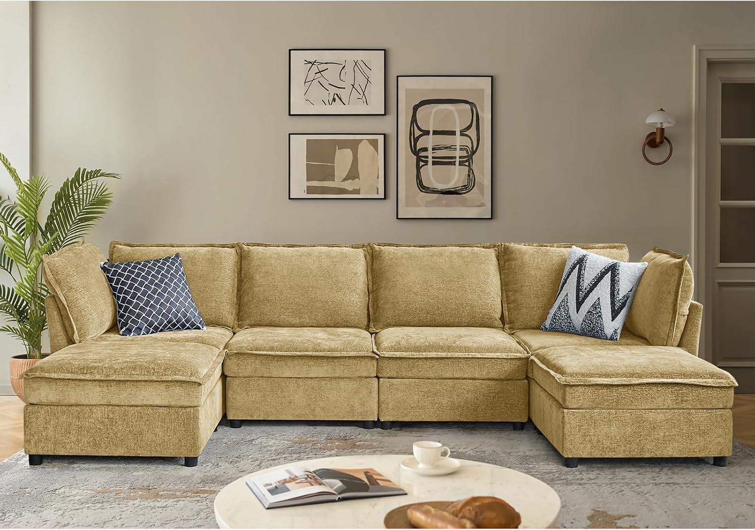 HULALA HOME 127'' Modular Sectional Sofa, Oversized U Shaped Couch with Storage Ottoman, Comfy Chenille Sofa with Deep Seat, 6 Seat Convertible Couches for Living Room, Cream