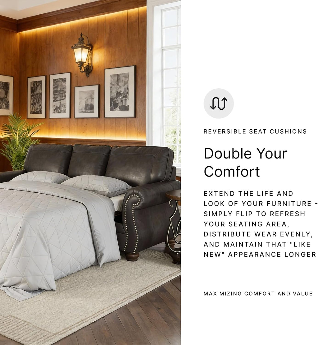 Signature Design by Ashley Chatterton Rustic Faux Leather Queen Sofa Sleeper with Bi-Fold Memory Foam Mattress, Nailhead Trim and 2 Throw Pillows, Queen, Black