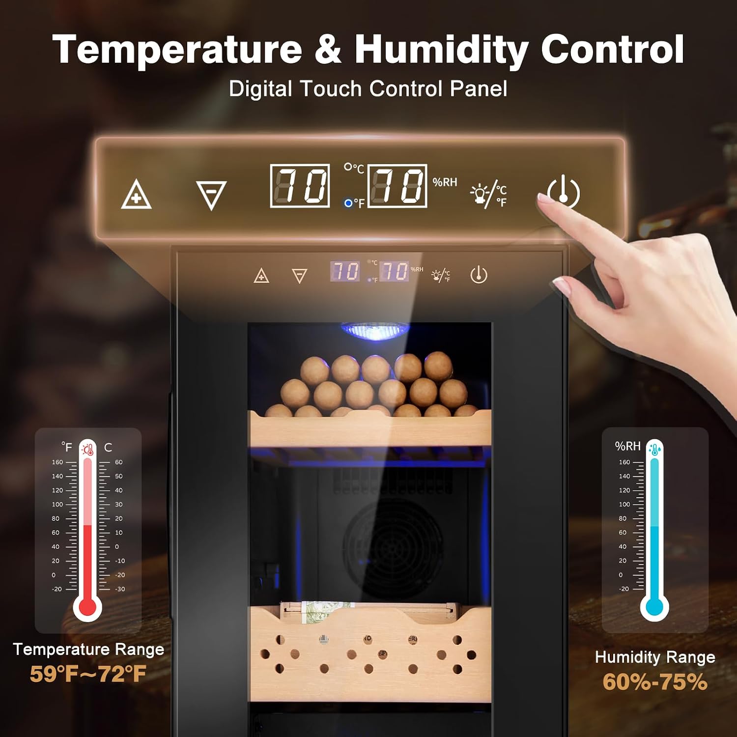 Electric Cooler Cabinet 25L with Temperature and Humidity Control, Spanish Cedar Wood Shelves and Safety Lock (180 Counts Capacity), Gift for Men