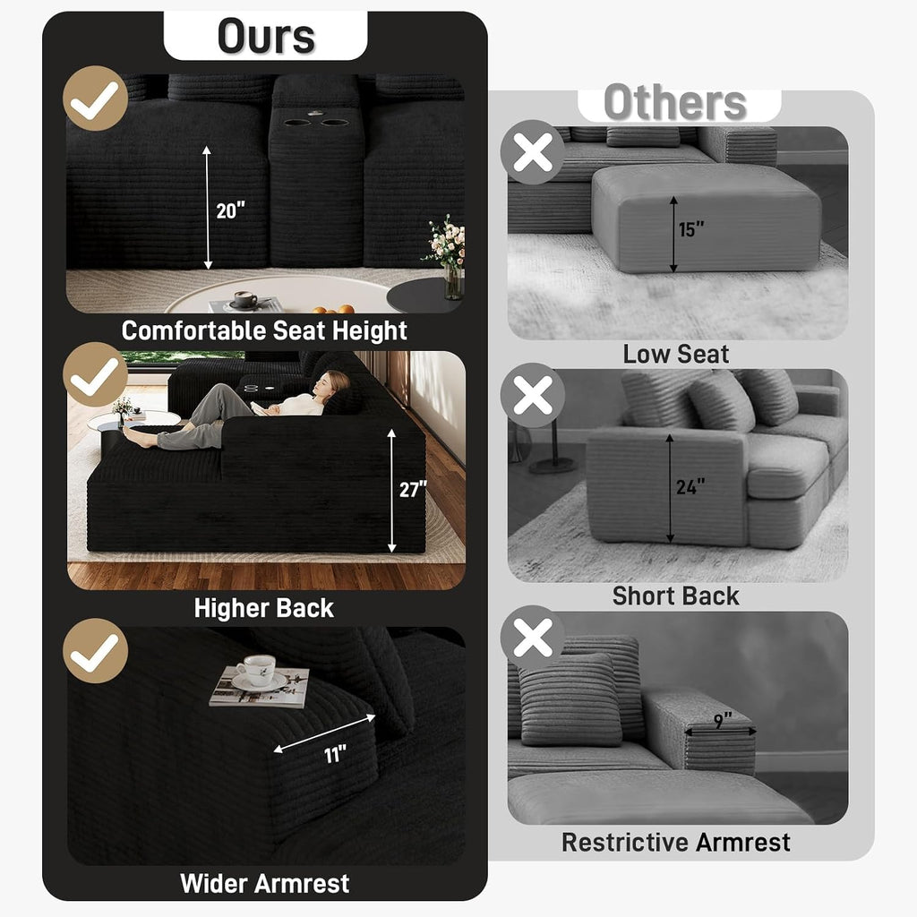 143' Oversized U Shaped Cloud Sectional Couches for Living Room, Comfy Fluffy Corduroy Black Boneless Couch, Large Modular Sectional Sofa Set with Chaise, Cup Holder, USB Port, Storage Console