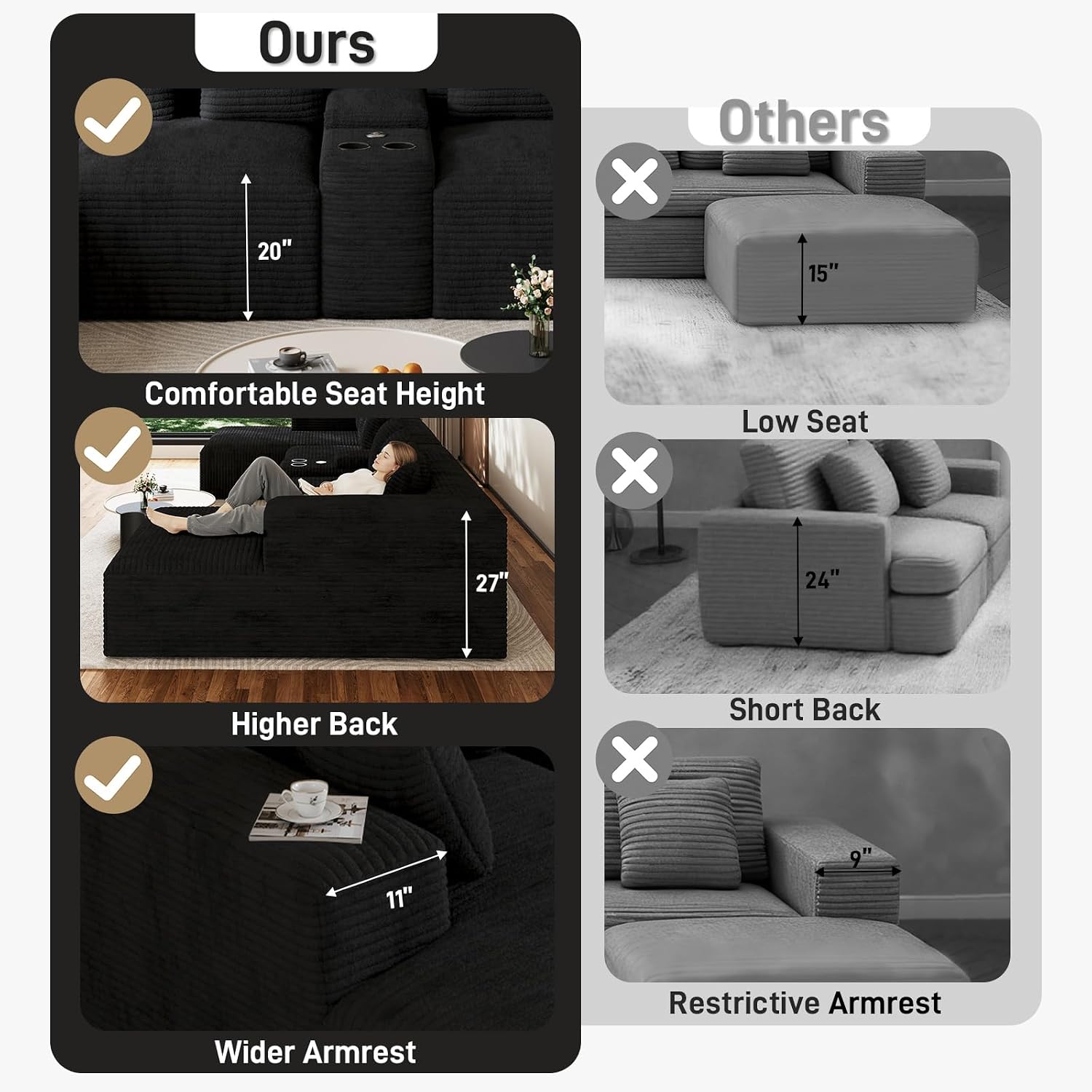 143' Oversized U Shaped Cloud Sectional Couches for Living Room, Comfy Fluffy Corduroy Black Boneless Couch, Large Modular Sectional Sofa Set with Chaise, Cup Holder, USB Port, Storage Console
