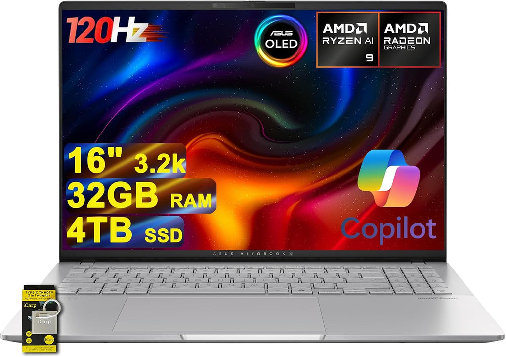 ASUS Vivobook S16 AI Laptop 16' 3.2k OLED 120Hz (600nits 100% DCI-P3) AMD 10-core Ryzen AI 9 365 (Up to 50 Tops) 32GB RAM 4TB SSD for Creator Designer Business Professional Win11 ICP Hub