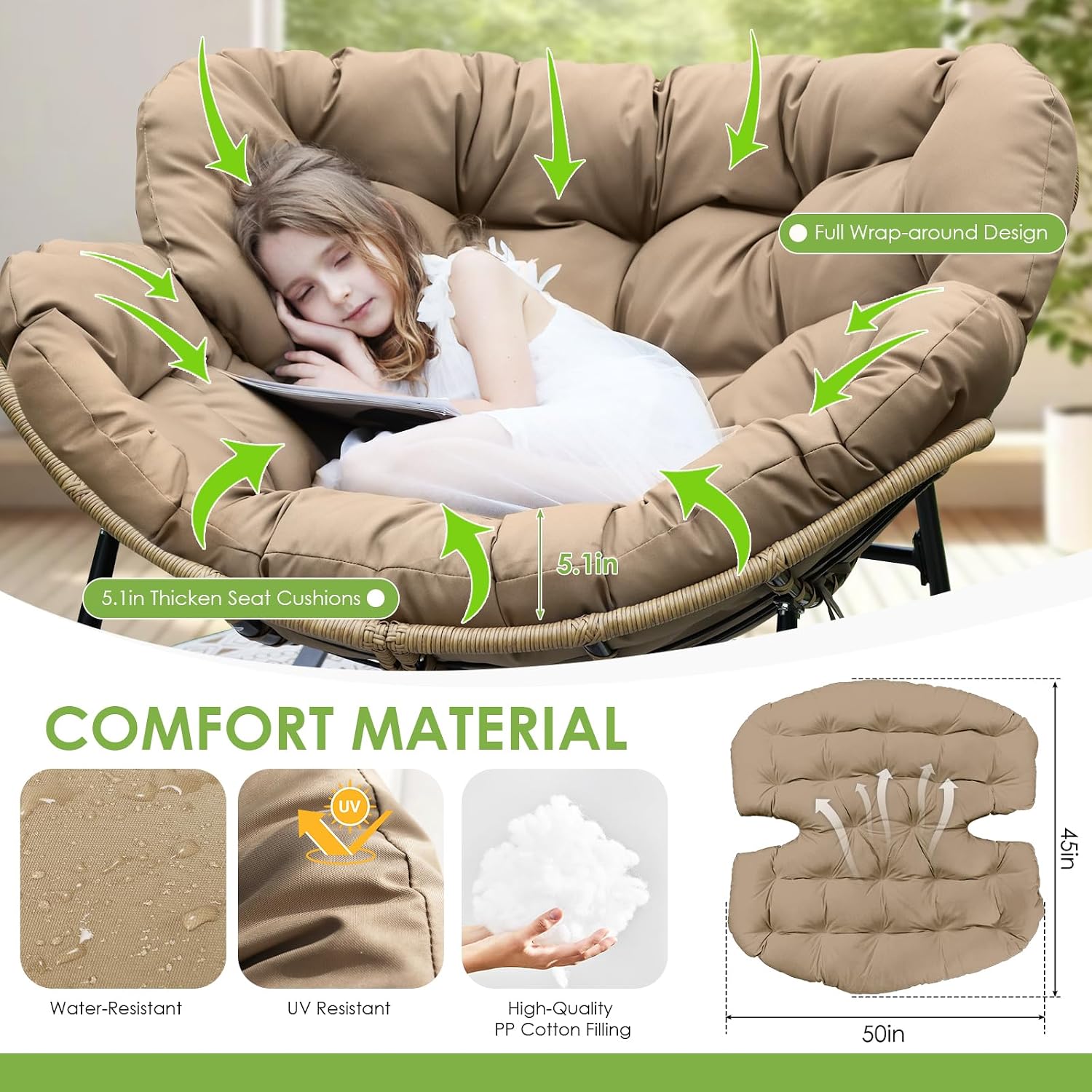 RADIATA 2 PCS Papasan Rocking Egg Chair, Indoor Outdoor Oversized Lounge Chair with Cushion, Double Wicker Rattan Rocker Loveseat, 450 lbs Capacity Outside Funiture for Patio Porch Livingroom Brown