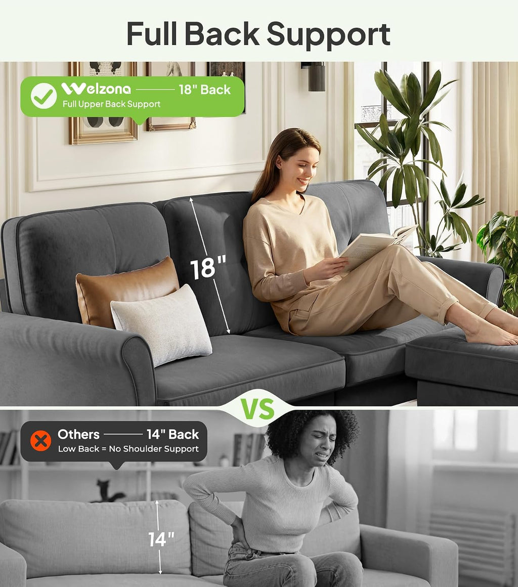 Welzona Sofas for Living Room, 83' Velvet Sectional Couch with Moveable Ottoman, Midcentury Modern Small Sectional Couch, L Shape Sofa & 2 Seater, Couches for Living Room, Apartment, Bedroom