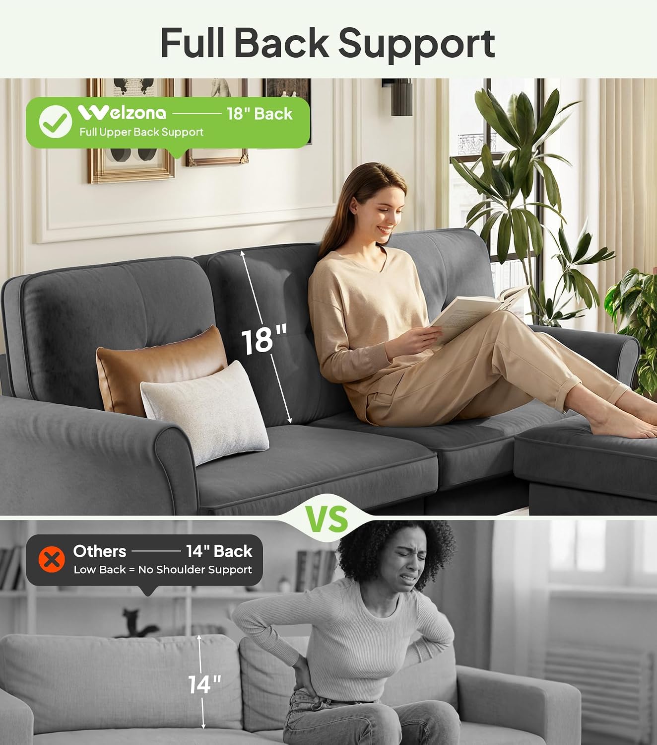 Welzona Sofas for Living Room, 83' Velvet Sectional Couch with Moveable Ottoman, Midcentury Modern Small Sectional Couch, L Shape Sofa & 2 Seater, Couches for Living Room, Apartment, Bedroom