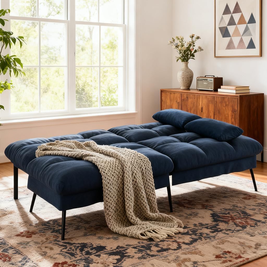 COMHOMA 72″ Futon Sofa Bed,Convertible Fabric Futons Couch with Adjustable Backrest, Folding Sleeper Recliner for Living Room Furniture (Blue)