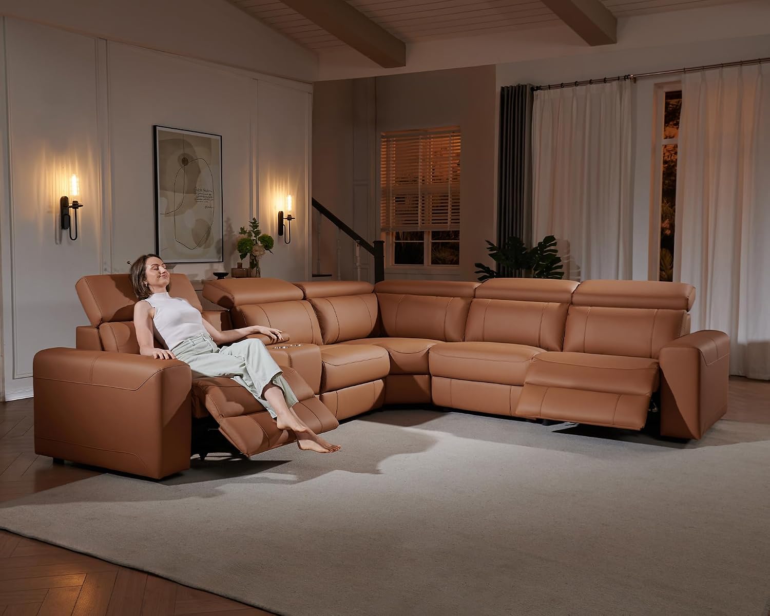 AMERLIFE Power Recliner Sectional Sofa with Storage/USB Port, Leather Recliner Sofa with Adjustable Headrest, Reclining Sectional Couches with Console and Cup Holder for Living Room (Brown, 5-Seater)
