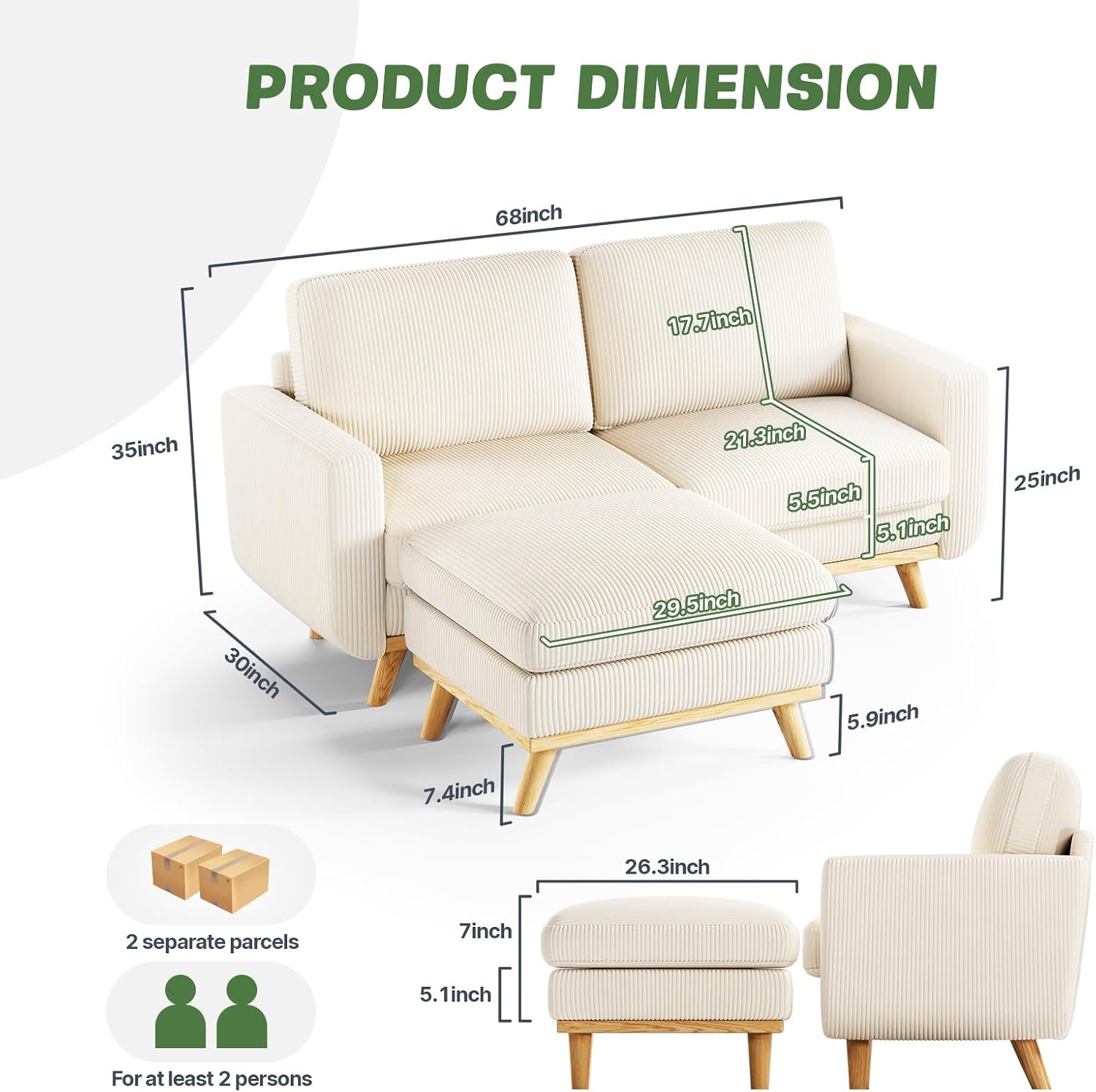 Vesgantti 68' Loveseat Sofa with Movable Ottoman, Comfy Corduroy Couch with Spring Cushion, Sofa Couch with Solid Wood, Modern Office Sofa with Deep Seat for Living Room and Bedroom, Beige