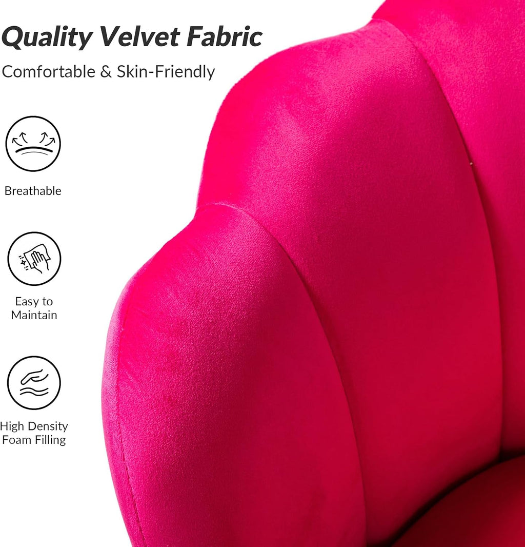 HULALA HOME Modern Velvet Accent Chair with Shell Shaped Back, Cute Living Room Bedroom Armchair with Gold Legs, Comfy Upholstered Vanity Chair for Makeup Room, Fushia