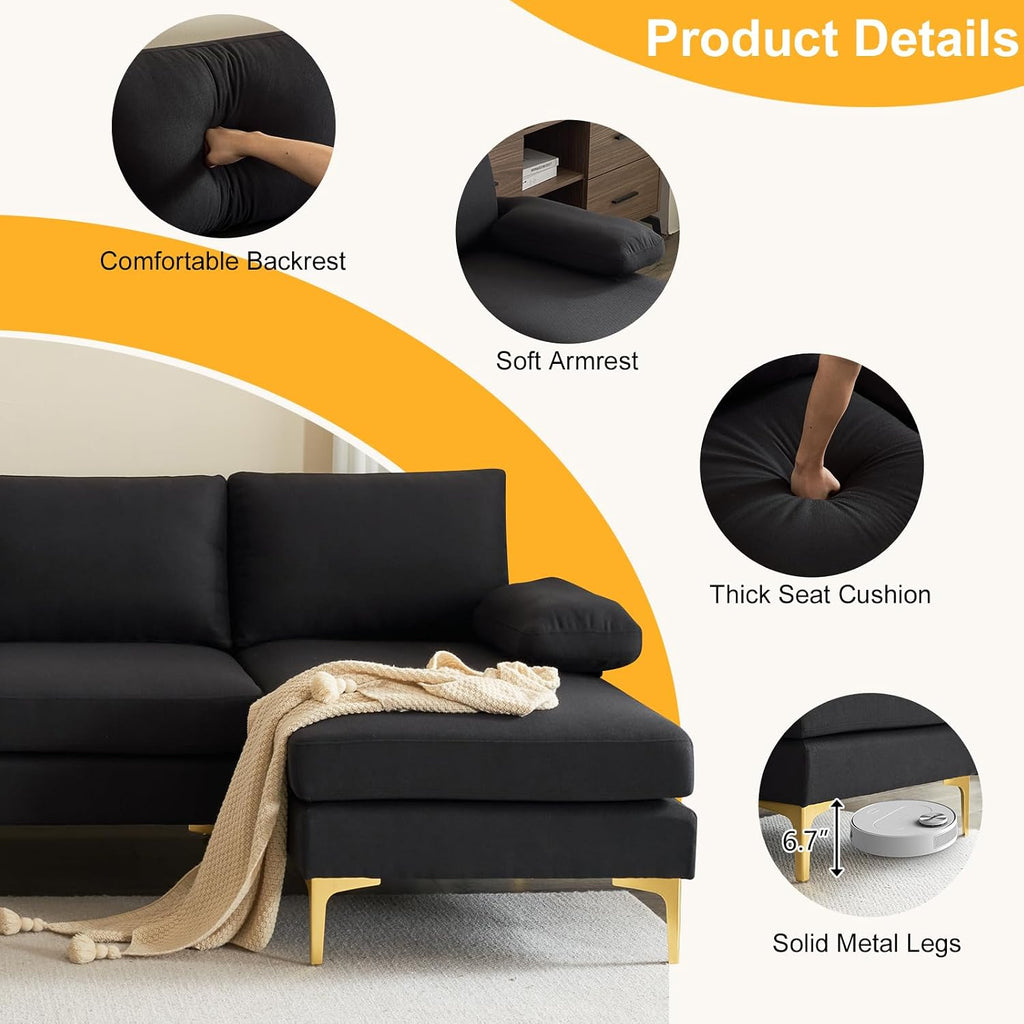 Karl home Convertible Sectional Sofa 110' U-Shape Sofa Couch 4-Seat Couch with Chaise Fabric Upholstered for Living Room, Apartment, Office, Black