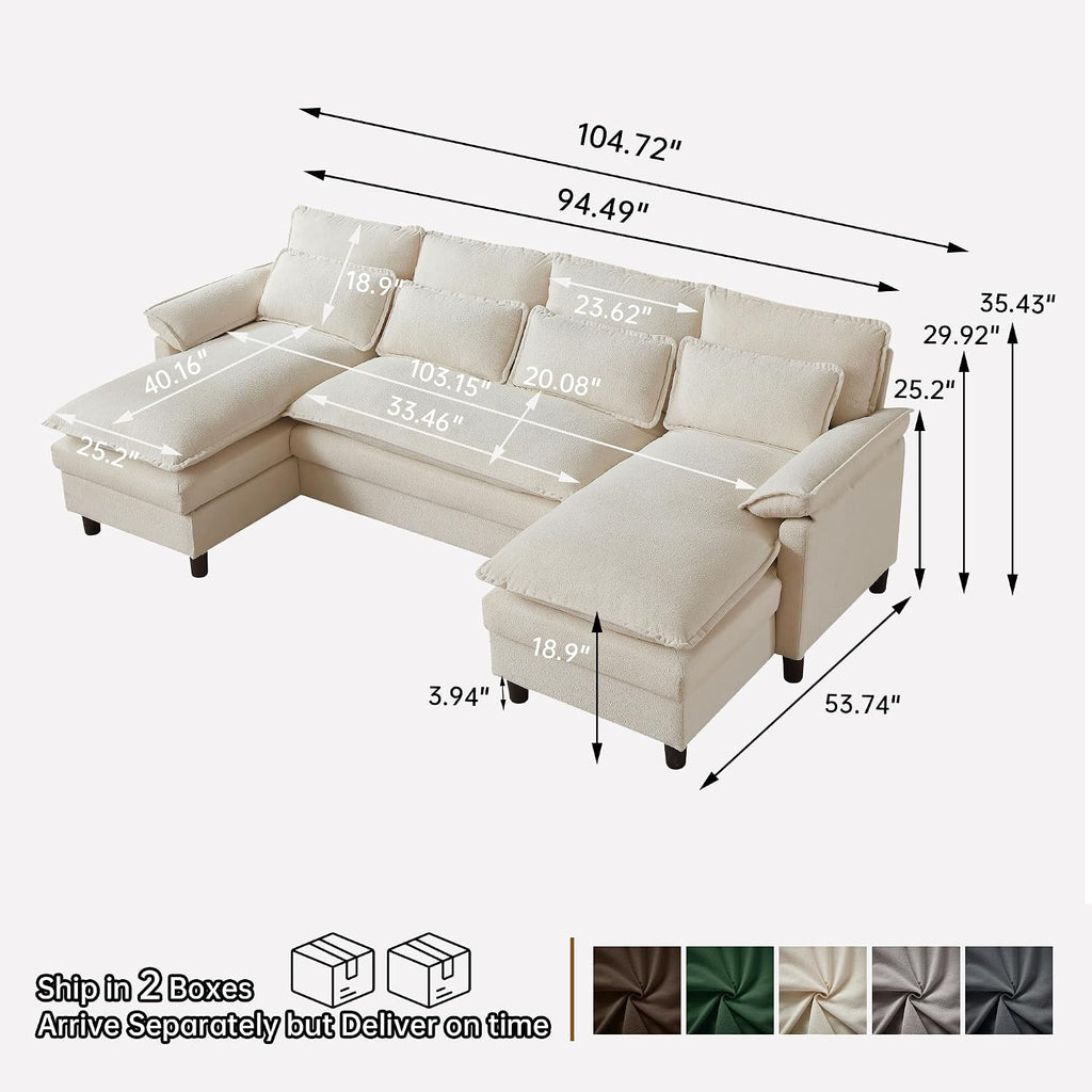 Comfy Cloud Couch Sectional Sofa with Lumbar Pillows, 105' Modern U-Shaped Cloud Sofa with Double Chaise & Deep Seat, Sectional Couches for Living Room, Office, Easy Assembly, Beige