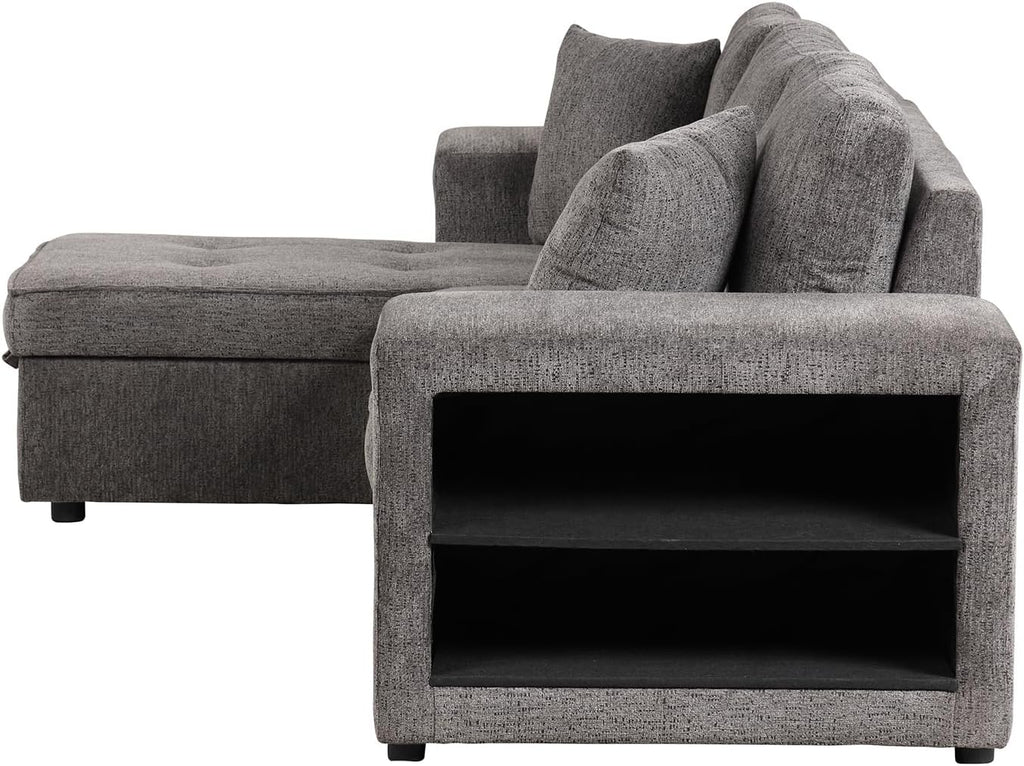 104.5 inch Reversible Sleeper Sectional Sofa with Pull Out Bed , Convertible L Shaped Sectional Couch with Storage Chaise and 2 Stools , Tufted Upholstered Pullout Sofa Bed for Living Room Apartment
