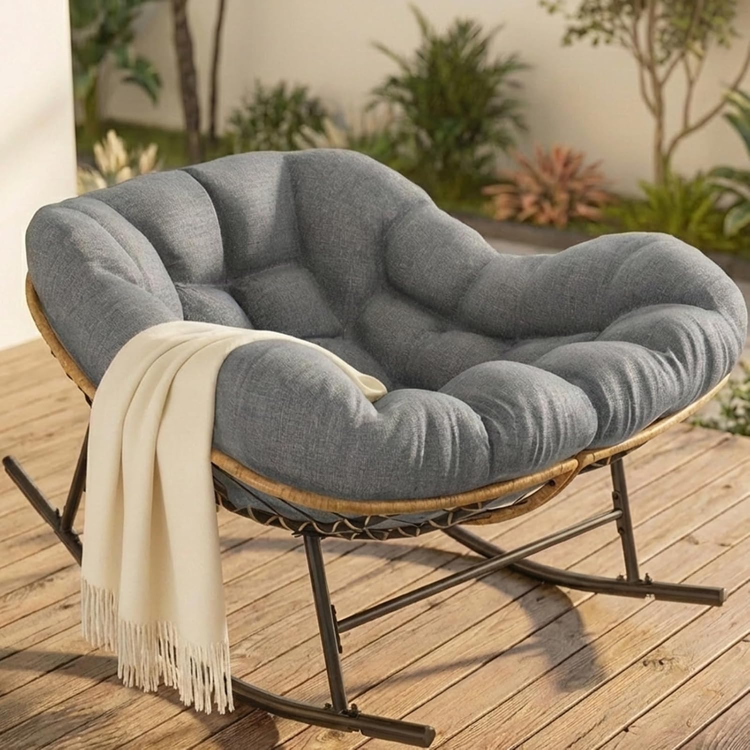 Easyego Oversized Papasan Rocking Chair Indoor Outdoor Use, Comfortable Wicker Rocker with Cozy Thicken Cushion for Deck, Balcony, Poolside, Lawn, Bedroom, Living Room, Dark Grey