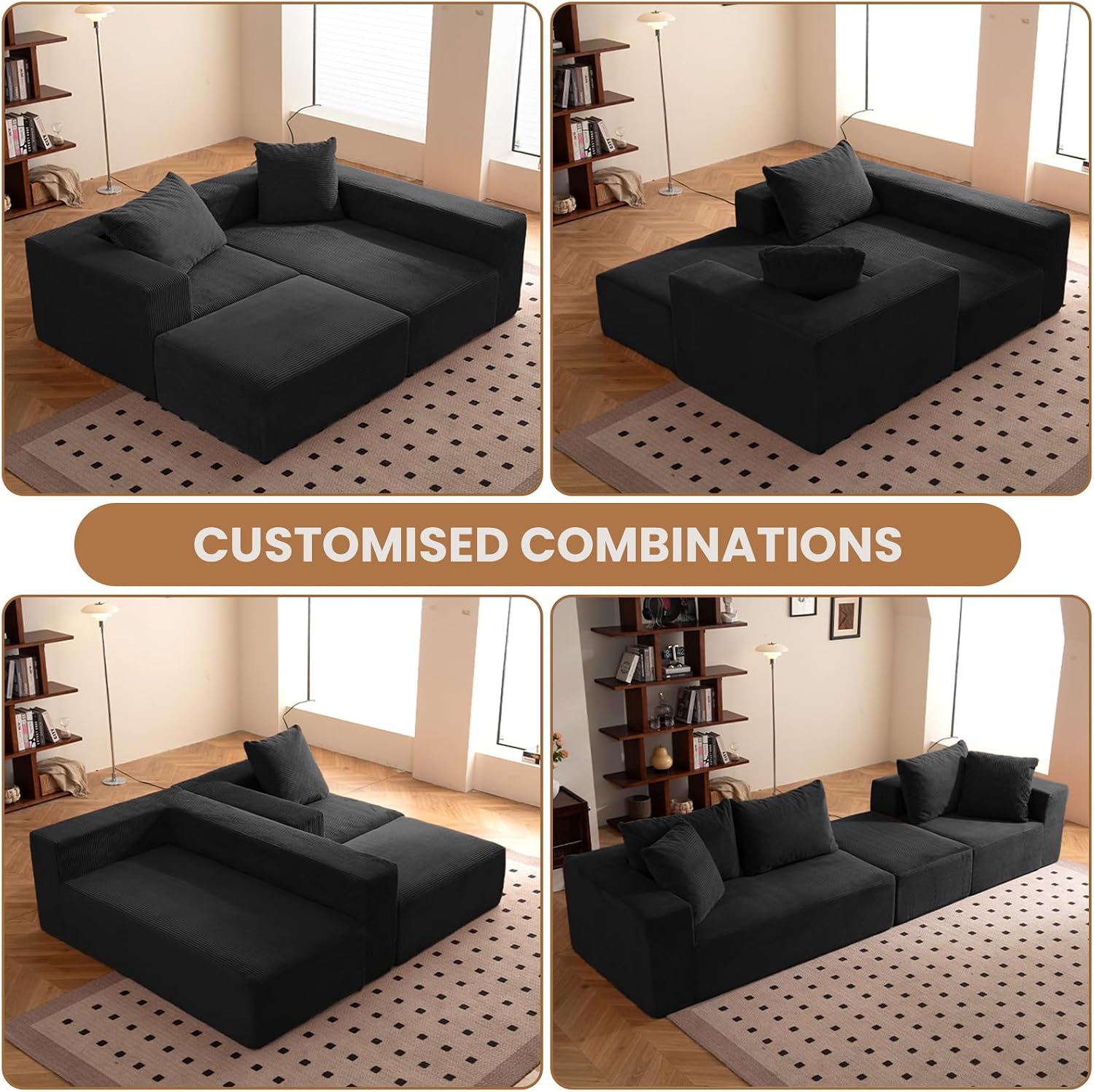108' L-Shaped Boneless Couch, Modular Sectional Sofa with Moveable Ottoman, Corduroy Cloud Couches for Living Room, No Assembly, Ship in a Box, Black