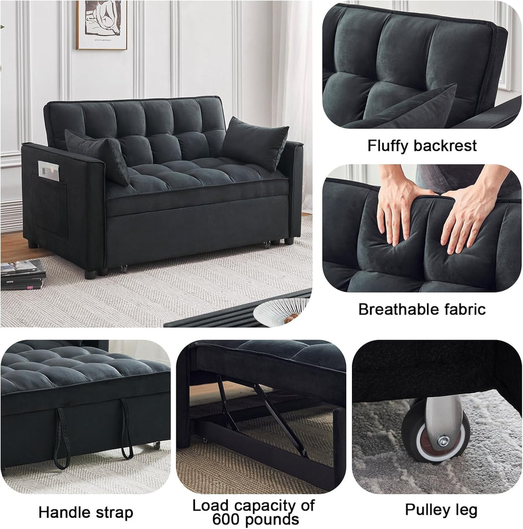 ECHINGLE Sleeper Sofa Bed, 3-in-1 Velvet Pull Out Couch with Armrests, Storage Pockets and 2 Pillows, Adjustable Backrest, Pull Out Sofa Bed Couch for Living Room, Bedroom(Black)