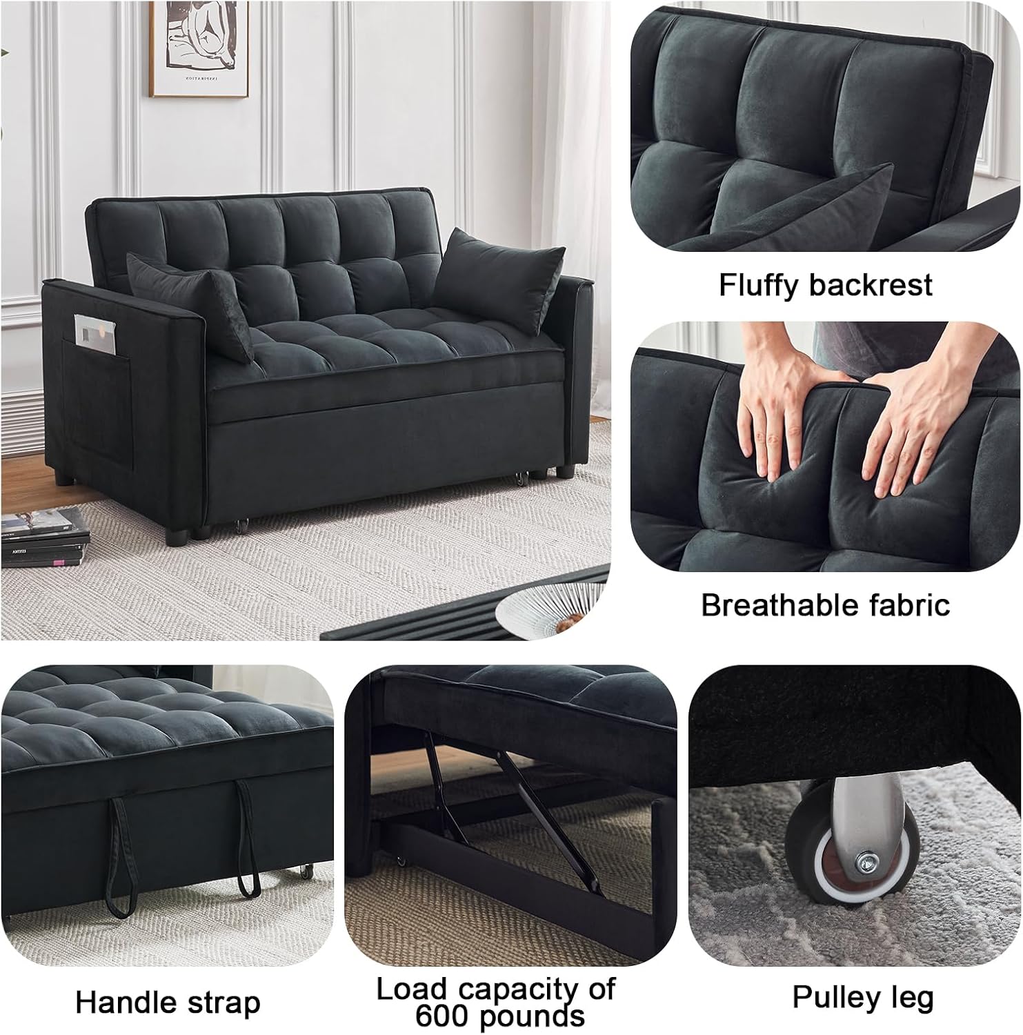 ECHINGLE Sleeper Sofa Bed, 3-in-1 Velvet Pull Out Couch with Armrests, Storage Pockets and 2 Pillows, Adjustable Backrest, Pull Out Sofa Bed Couch for Living Room, Bedroom(Black)