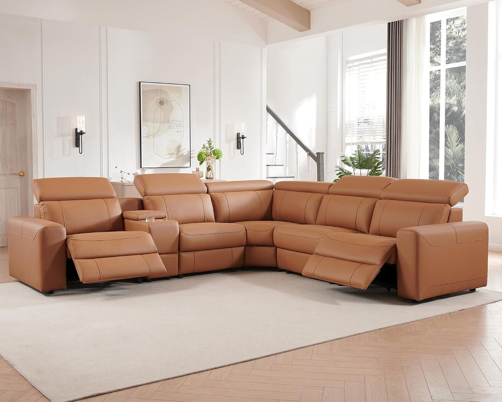 AMERLIFE Power Recliner Sectional Sofa with Storage/USB Port, Leather Recliner Sofa with Adjustable Headrest, Reclining Sectional Couches with Console and Cup Holder for Living Room (Brown, 5-Seater)