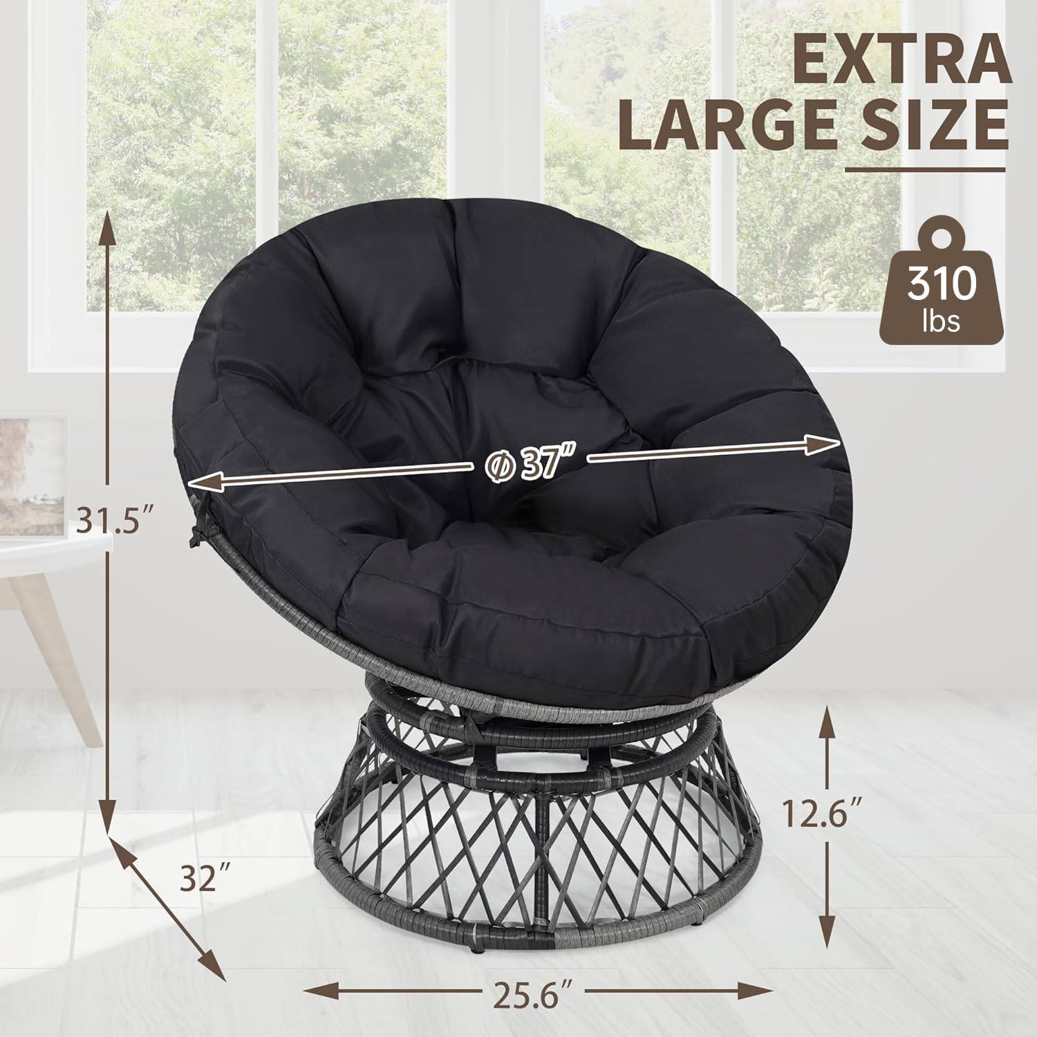 KROFEM 40' Ergonomic Wicker Papasan Chair, 360° Swivel Indoor Outdoor Rattan Chair with Soft Thick Cushion, Ideal for Living Room, Bedroom, Reading Room, Grey Frame with Black Cushion