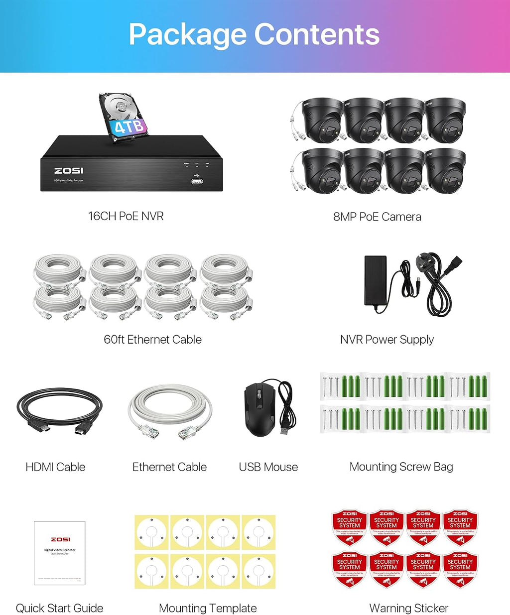 ZOSI 4K PoE Security Camera System with Person Vehicle Detection,8 Ports 16CH 8MP NVR with 2TB HDD,8pcs 4K Outdoor Indoor PoE IP Cameras,Night Vision,Spotlight Siren,2 Way Audio,for 24/7 Recording