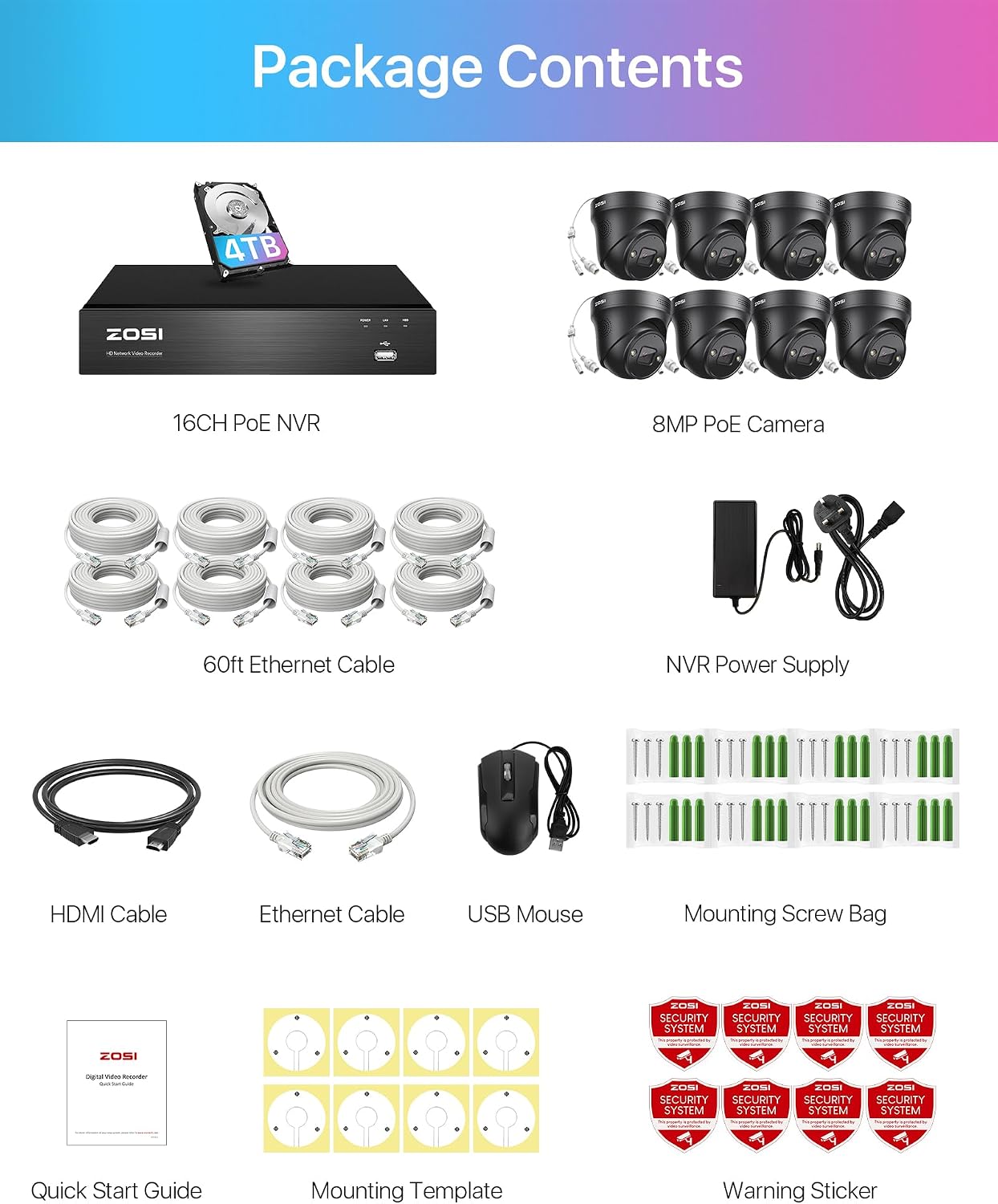 ZOSI 4K PoE Security Camera System with Person Vehicle Detection,8 Ports 16CH 8MP NVR with 2TB HDD,8pcs 4K Outdoor Indoor PoE IP Cameras,Night Vision,Spotlight Siren,2 Way Audio,for 24/7 Recording