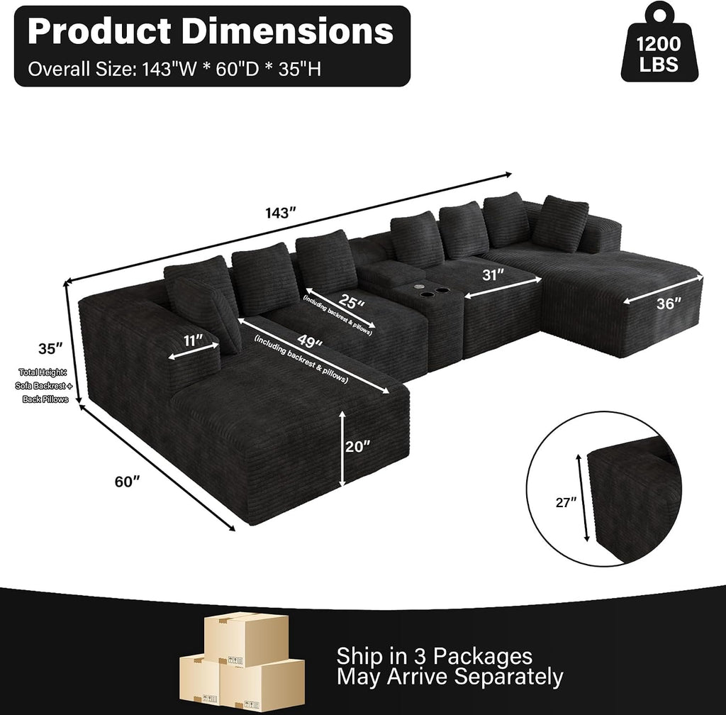143' Oversized U Shaped Cloud Sectional Couches for Living Room, Comfy Fluffy Corduroy Black Boneless Couch, Large Modular Sectional Sofa Set with Chaise, Cup Holder, USB Port, Storage Console
