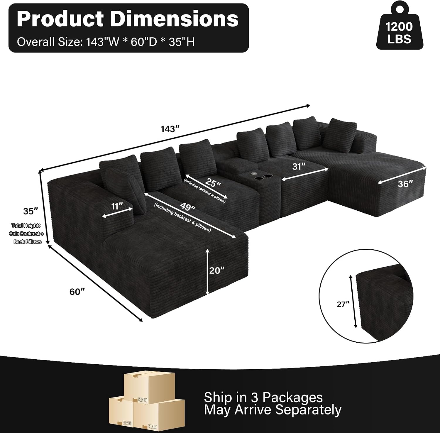 143' Oversized U Shaped Cloud Sectional Couches for Living Room, Comfy Fluffy Corduroy Black Boneless Couch, Large Modular Sectional Sofa Set with Chaise, Cup Holder, USB Port, Storage Console