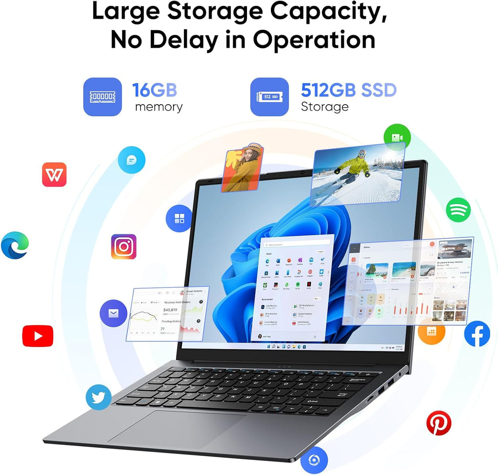AE86 14.1' Laptop with 2K Screen, 16GB RAM, 512GB SSD, Core Processor, BT5.0 Wi-Fi 5, USB A, Type-C, HDMl, Ultra-Thin and Light Notebook for Business Students