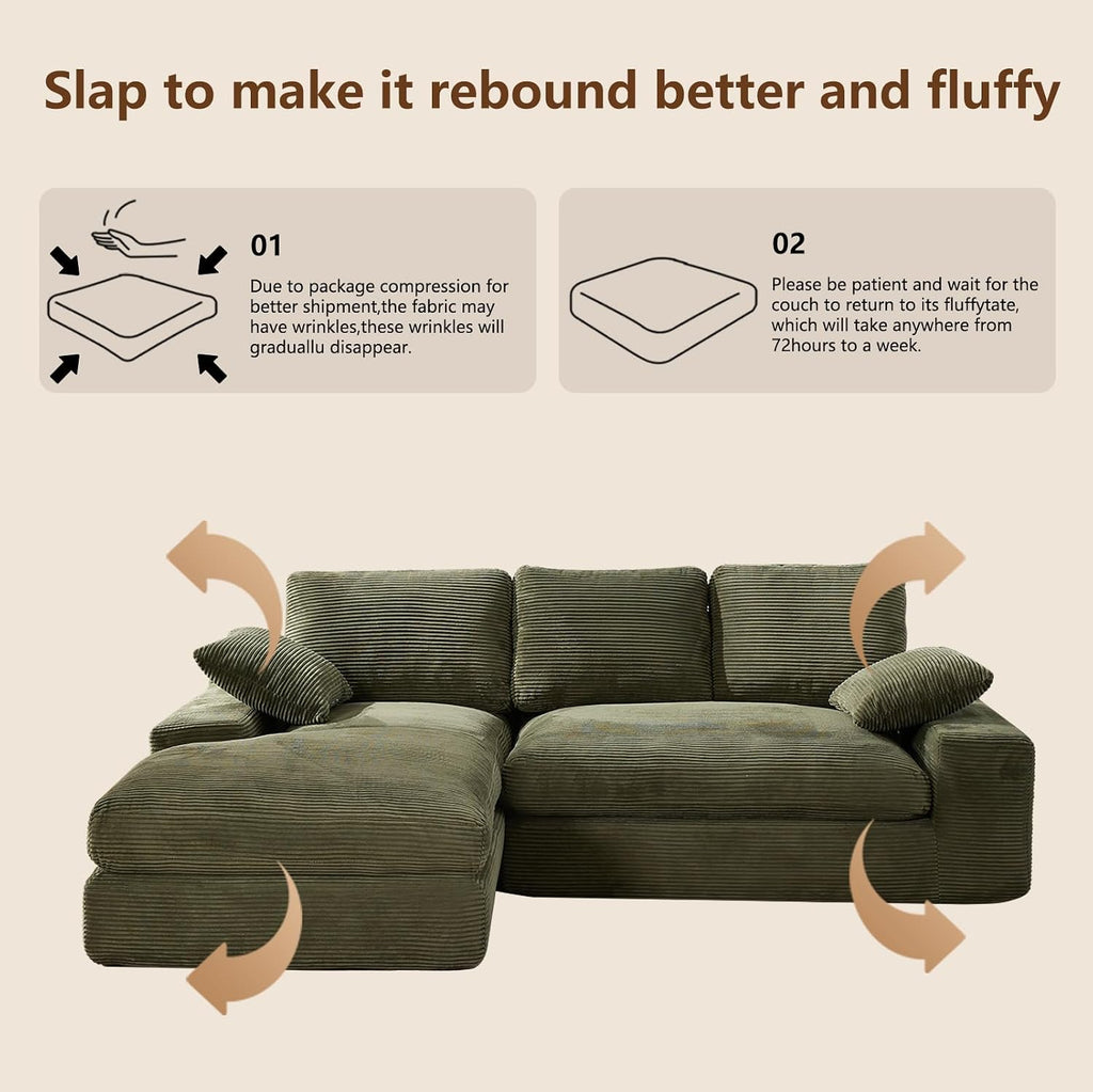 98.4' Green Sectional Sofa Cloud Modular Sectional Couch with Chaise,Corduroy Sectional Couches L-Shaped Modern Upholstered Sofa with Deep Seat for Living Room and Bedroom,No Assembly Required(Green)