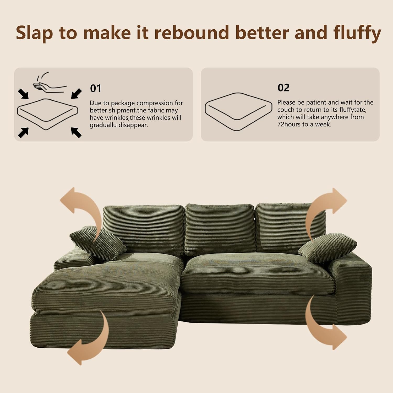 98.4' Green Sectional Sofa Cloud Modular Sectional Couch with Chaise,Corduroy Sectional Couches L-Shaped Modern Upholstered Sofa with Deep Seat for Living Room and Bedroom,No Assembly Required(Green)
