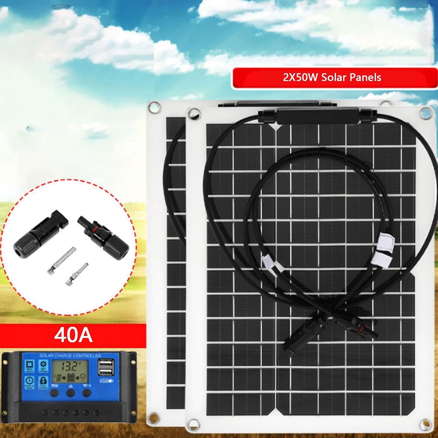 100W Solar Panel Kit 18V USB Power Portable Outdoor Rechargeable Solar Cell Solar Generator with 40A Controller for Camping, Travelling Solar Panel