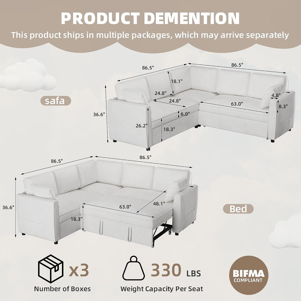 EROMMY 87' Sectional Sofa Couch with Pull Out Bed, 5 Seat L Shaped Pull Out Couch Bed with USB Ports, Velvet Modular Sleeper Sofa Bed with 2 Throw Pillows, Large Sectional Couches for Living Room