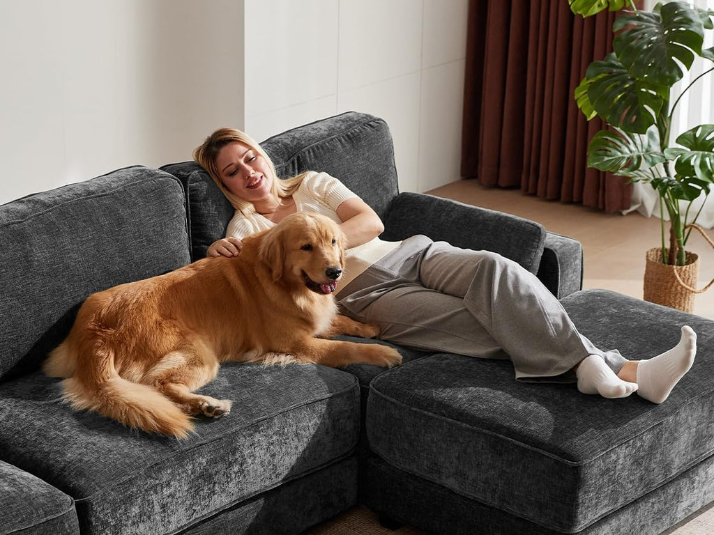 Vipbear 120' Oversized Modular Sectional Sofa, L Shaped Couch Set with 2 Pillows, 4 Seat Comfy Cloud Couches with Movable Ottoman for Living Room, Bedroom and Apartment, Chenille Dark Grey