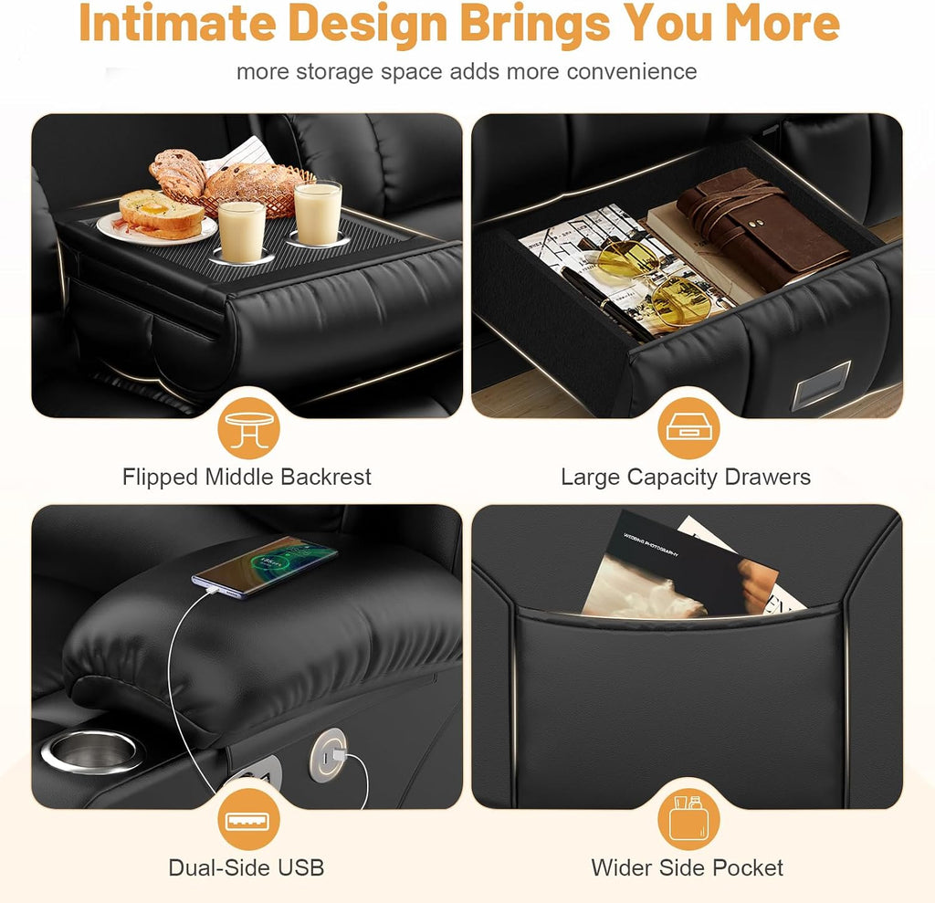 Dresegmt Loveseat Recliner Sofa, Flip Middle Backrest Design PU Leather 3 Seat Reclining Sofa with Storage Drawer, Manual Couch for Living Room/RV (Black, PU)