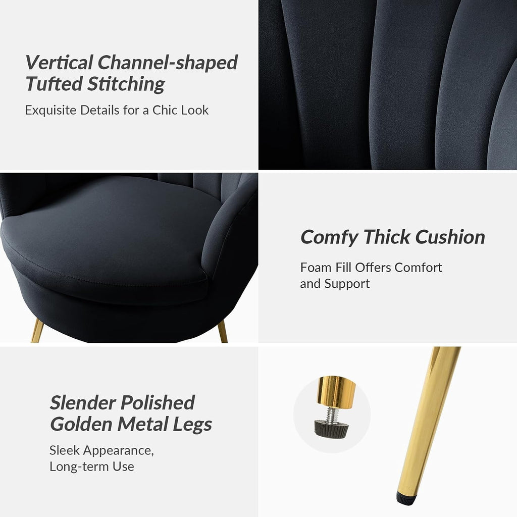 HULALA HOME Modern Velvet Accent Chair with Shell Shaped Back, Cute Living Room Bedroom Armchair with Gold Legs, Comfy Upholstered Vanity Chair for Makeup Room, Black