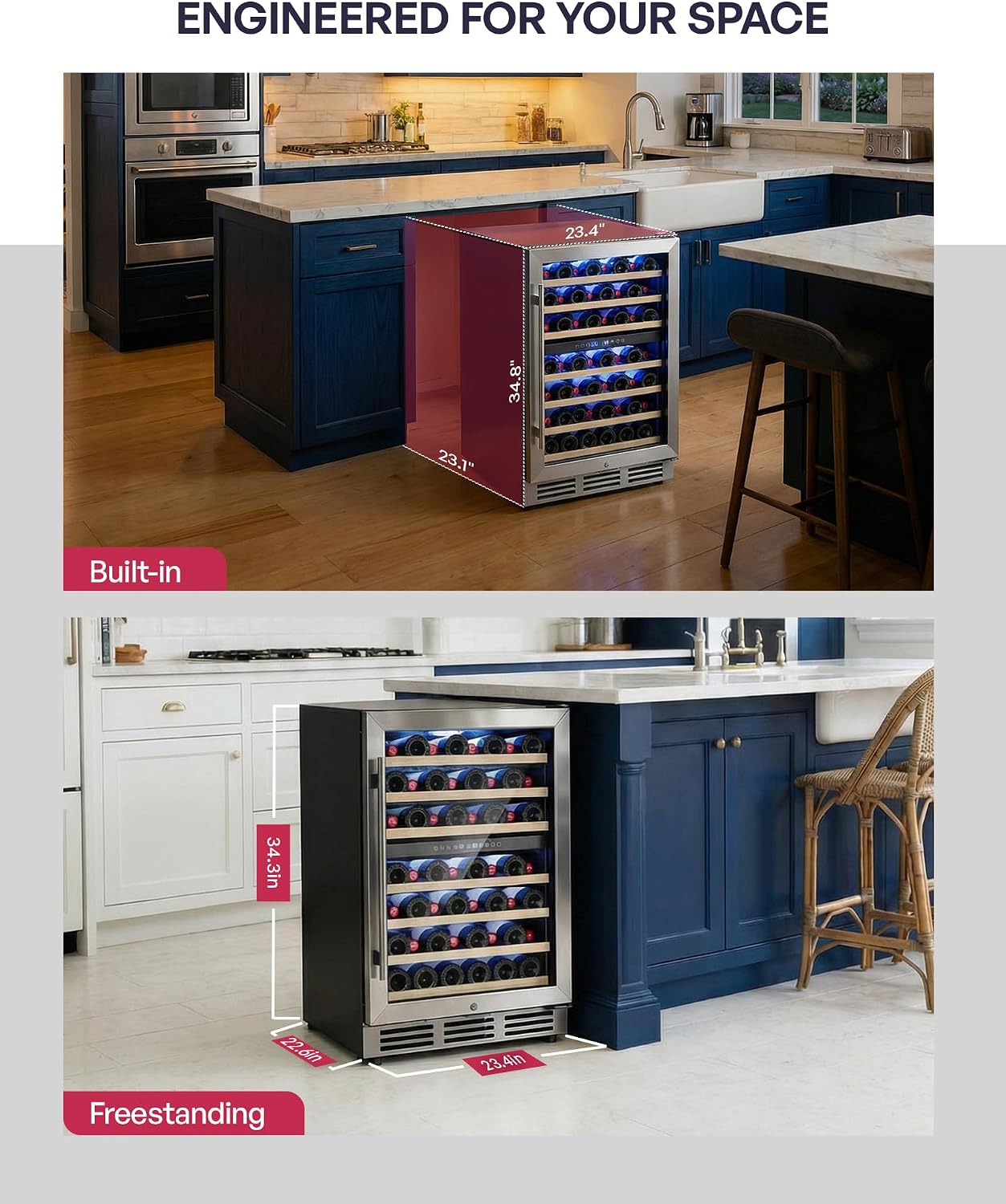 Icyglee 24 inch Wine Fridge Cooler, 54 Bottle Dual Zone Wine Fridge, 40-65°F Built in&Freestanding Under Counter Wine Refrigerator with glass door, Wine Cooler for Home Office, Safety Lock