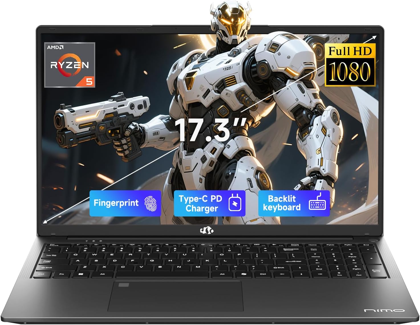 NIMO 17.3' IPS FHD-Gaming-Laptop, AMD Ryzen 5 6600H 32GB DDR5 RAM 1TB SSD (Beat i7-1165G7 Up to 4.5GHz) Radeon 660M GPU-Computer with 100W Type-C Backlit Keyboard Fingerprint
