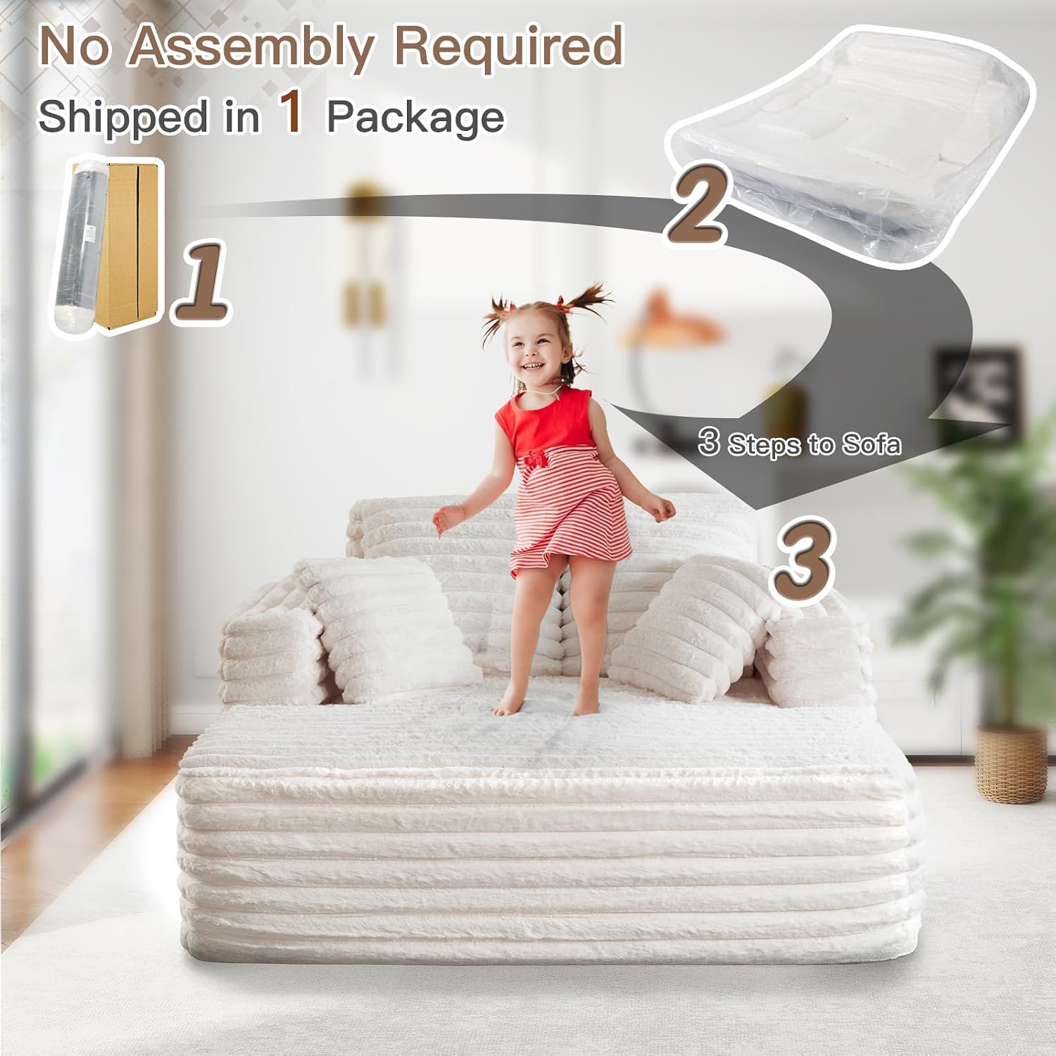 JEEOHEY 56' Oversized Chaise Lounge Chair Indoor,Plush Faux Fur Sleeper Sofa Couch Bed with Pillows&Wide Armrests,Fluffy Comfy Cloud Couch,Compression Foam Couch for Living Room,Bedroom(Beige)