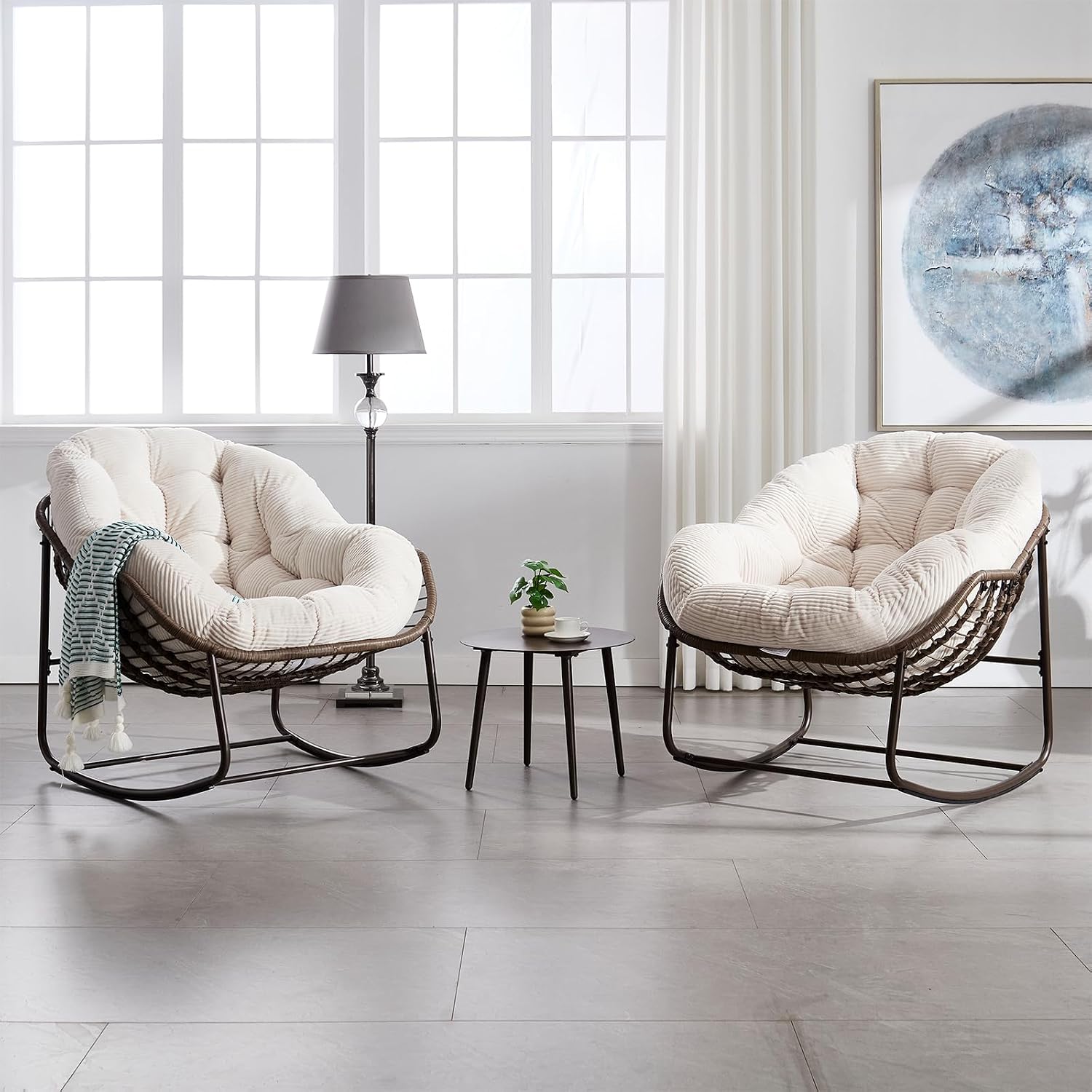 JEEOHEY Papasan Rocking Chairs Outdoor Indoor, Oversized Rattan Rocker Patio Chair with Padded Cushion, Comfy Modern Indoor Egg Chair for Living Room, Bedroom, Porch, Garden, Balcony(Corduroy, White)
