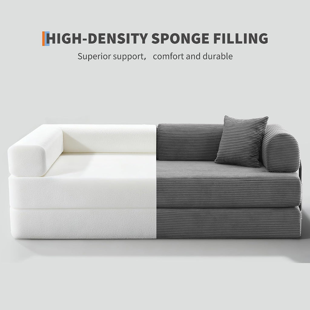 GarveeHome 79' Convertible Sleeper Sofa Bed Couch, 4-in-1 Boneless Corduroy Folding Sofa Bed with Pillow & Fixed-Shape, Floor Mattress Couch Loveseat for Living Room Apartments - No Assembly, Gray