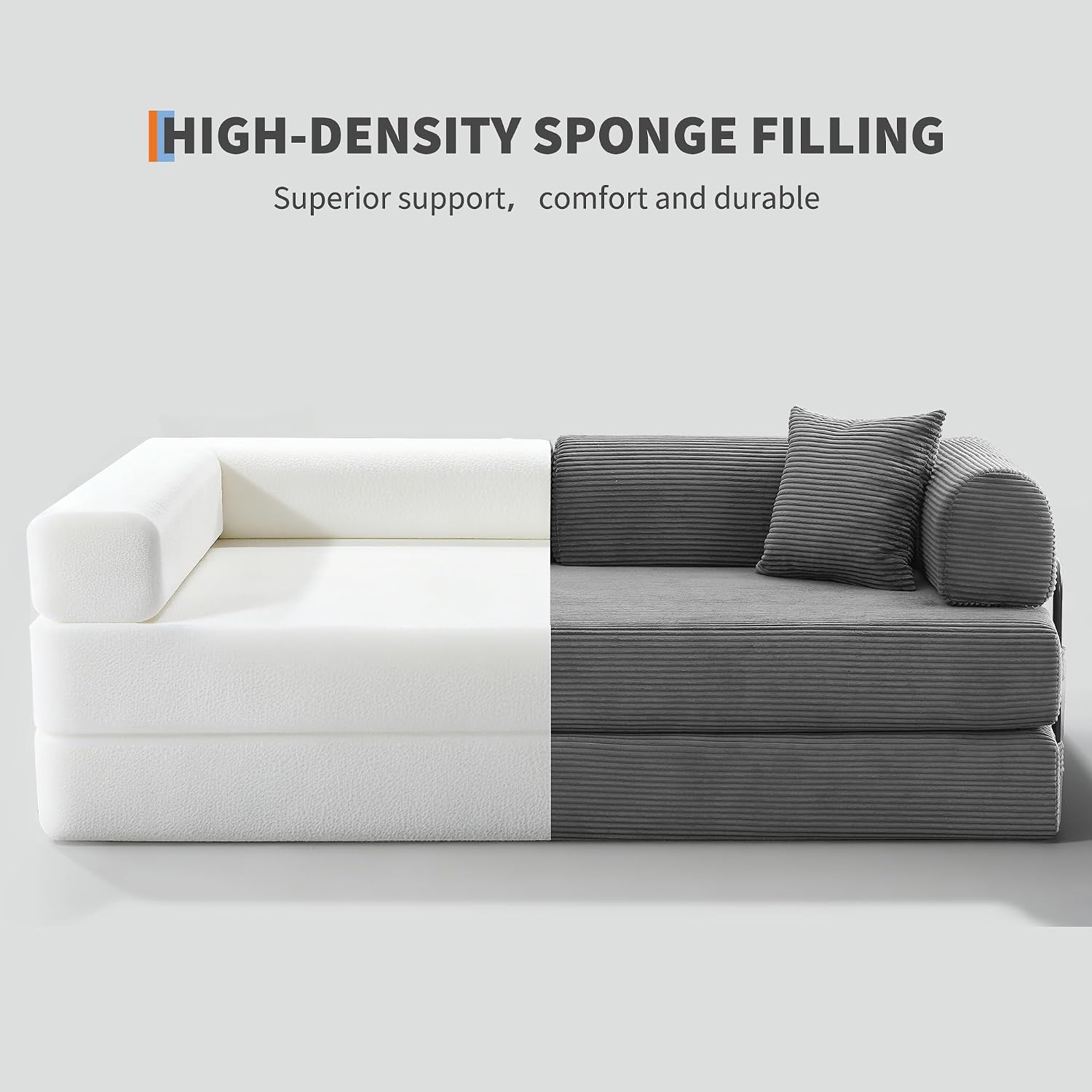 GarveeHome 79' Convertible Sleeper Sofa Bed Couch, 4-in-1 Boneless Corduroy Folding Sofa Bed with Pillow & Fixed-Shape, Floor Mattress Couch Loveseat for Living Room Apartments - No Assembly, Gray