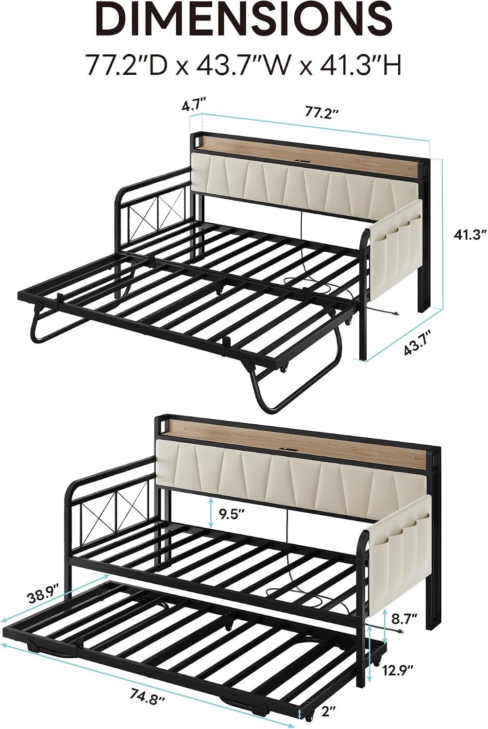 LIKIMIO Twin Daybed, Day Bed with Trundle, Storage Upholstered Headboard and Charging Station, Trundle Bed with Strong Supports for Living Room, Bedroom, and Guest Room, Beige