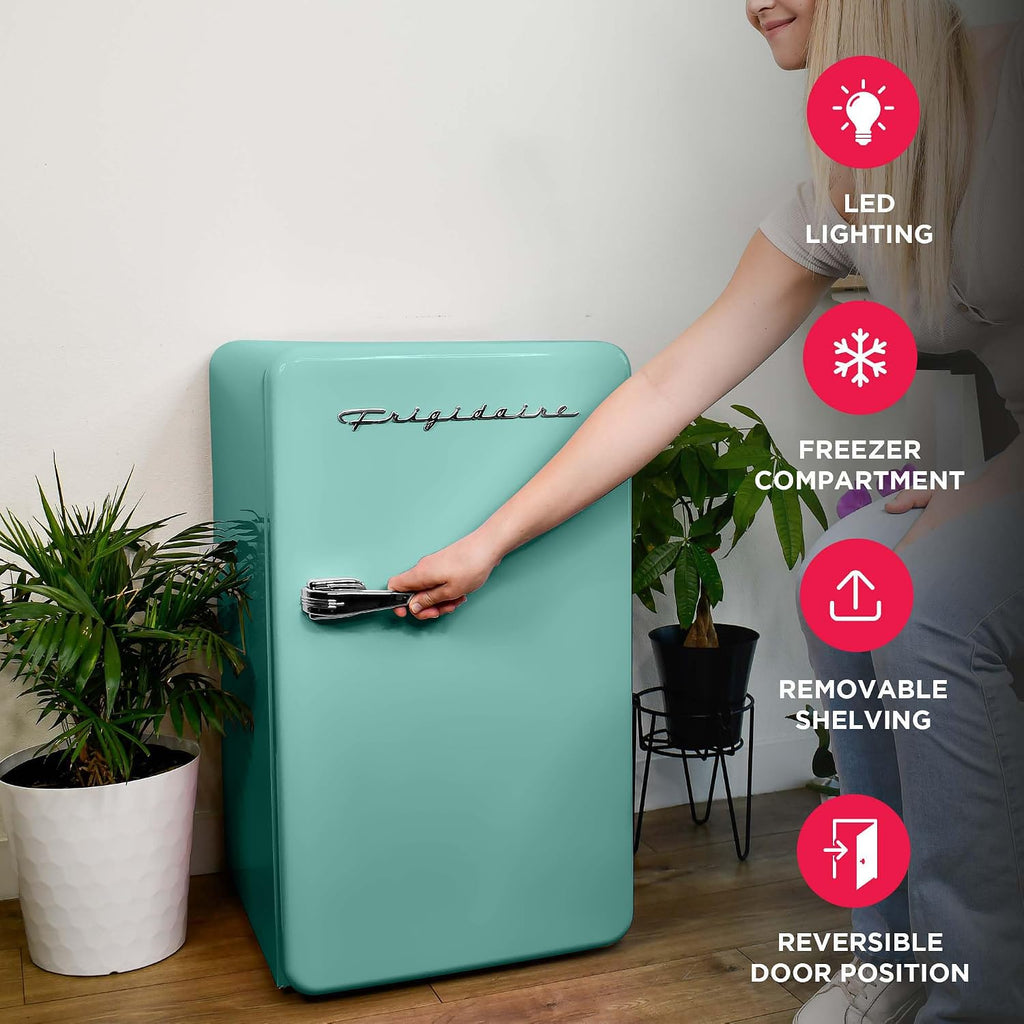 Frigidaire Retro Compact Refrigerator with Chiller, 3.2 cu ft Countertop Fridge, Built-In Bottle Opener, Rounded Corners, Premium, for Office, Bedroom, Dorm Room, Cabin, 18.5D x 20W x 31.5H (Mint)
