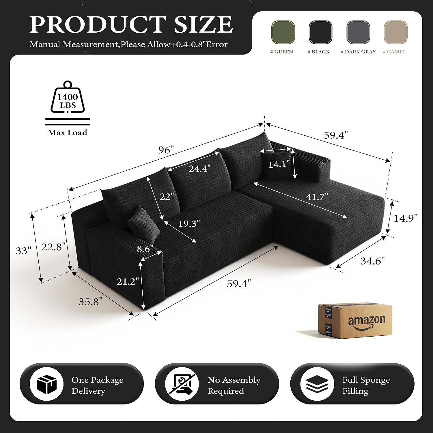 96''Sectional Couches for Living Room,Modern Modular Sectional Sofa,Upholstered Boneless Couch Comfy Cloud Couch with L Shaped Chaise (Black, Upgrade-96''W Right Facing Chaise)