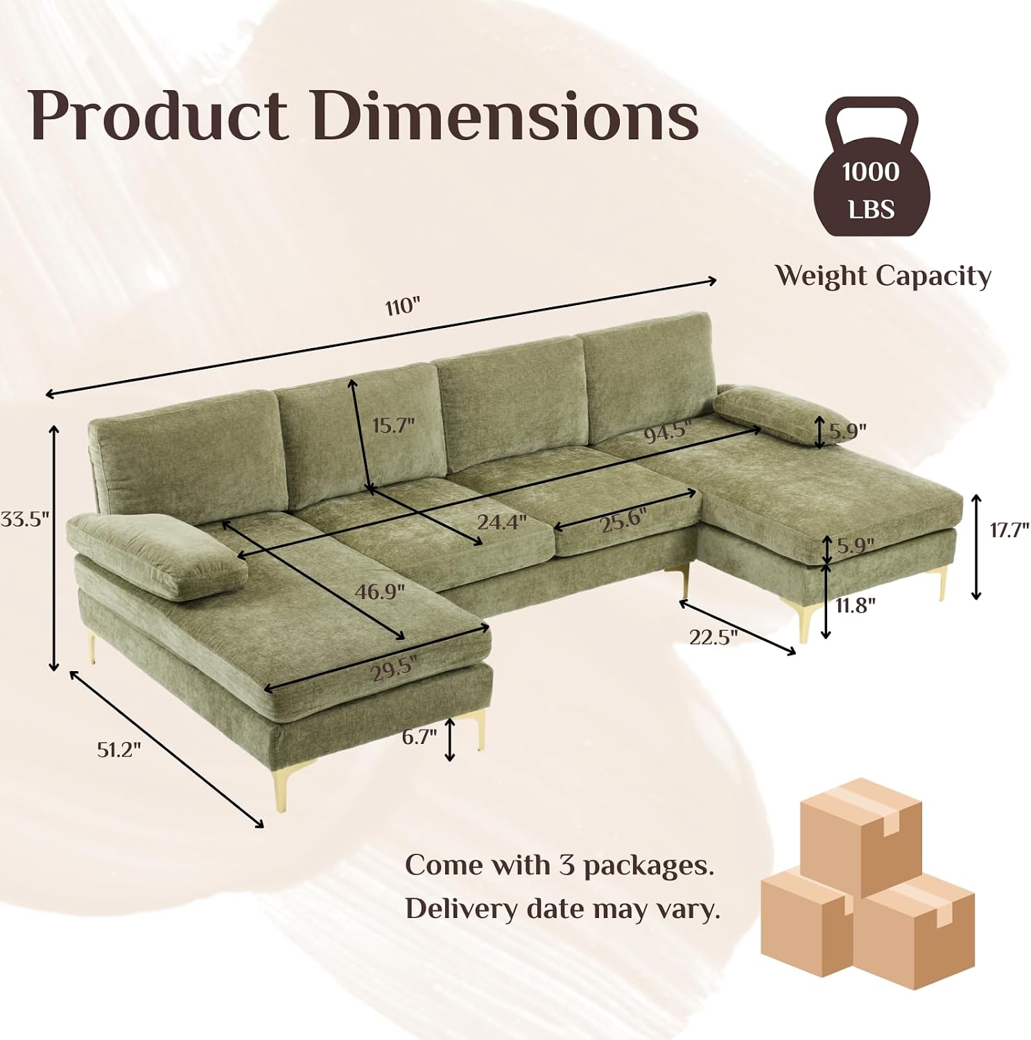 Karl home 110' Sectional Sofa U-Shaped 4-Seat Couch with Chaises Chenille Fabric Upholstered for Living Room, Apartment, Office, Green